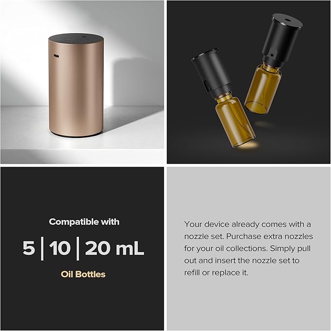 Airversa Waterless Essential Oil Diffuser Starter Kit with 30mL Sandal Lux Fragrance Oil, Battery Operated Mini Scent Air Machine Portable Diffuser for Home Car Office, Black ADX Kit