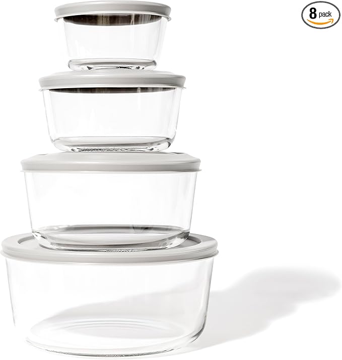 DURA LIVING 8-Piece Glass Food Storage Containers Set (4 Containers + 4 Lids) | Round, Nesting, Microwave & Dishwasher Safe | BPA-Free, Space-Saving | Grey Lids for Pantry & Kitchen Organization