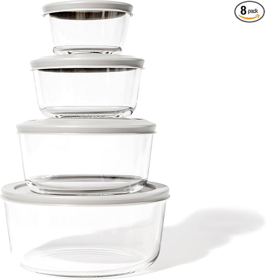 DURA LIVING 8-Piece Glass Food Storage Containers Set (4 Containers + 4 Lids) | Round, Nesting, Microwave & Dishwasher Safe | BPA-Free, Space-Saving | Grey Lids for Pantry & Kitchen Organization