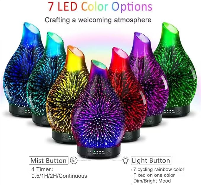 Essential Oil Diffuser 120ML -3D Firework Glass Aromatherapy Diffusers for Essential Oils with 4 Timer Setting Waterless Auto Shut-Off Silent Operation 7 Colors Lights Changing for Room, Office, Yoga