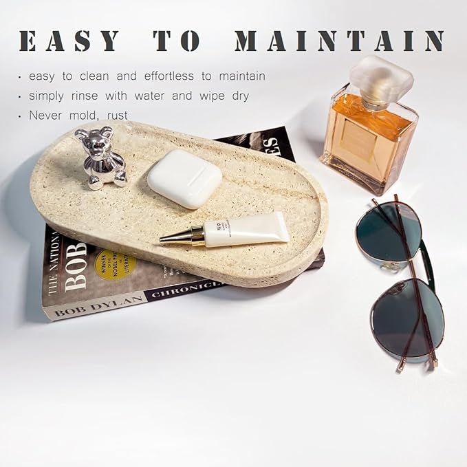 100% Natural Travertine Stone Tray for Perfume, Jewelry, Candle & Trinket Holder – Light Beige Stone Vanity Organizer for Bathroom, Coffee Table, or Living Room, 10"x5", Non-Resin/Ceramic