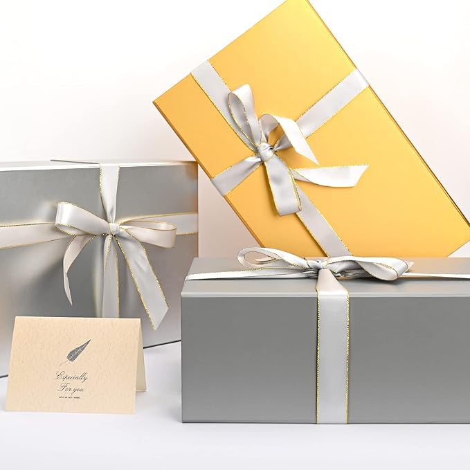 LIFELUM 2 Pack Large Gift Boxes with Lids,13.85 x 8.35 x 4.45 inch Gift Box Rectangle Collapsible Box Groomsmen Gift Boxes with Ribbon, Card, Shredded Paper Filler Gift Boxes for Presents