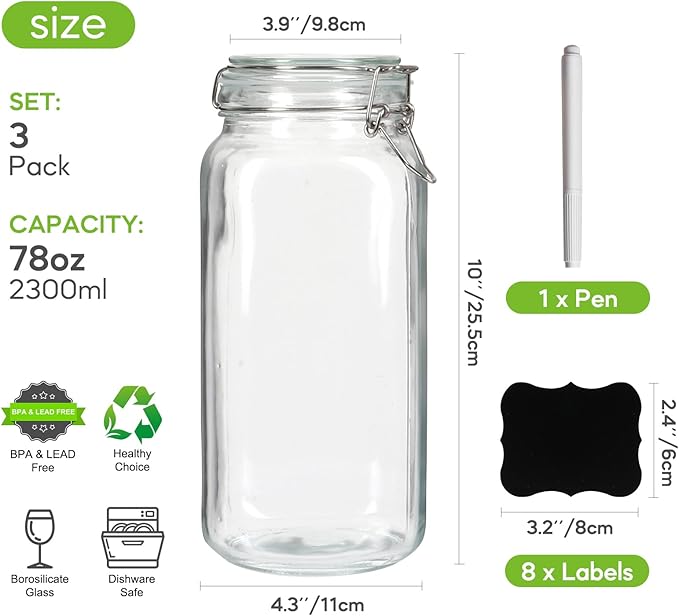 EkkoVla 78 oz Glass Food Storage Jars with Airtight Clamp Lids, Set of 3 Kitchen Canisters, Square Mason Jars Containers for Pasta, Coffee, Candy, Flour, Cereal, Dog Treats, Snacks and Canning