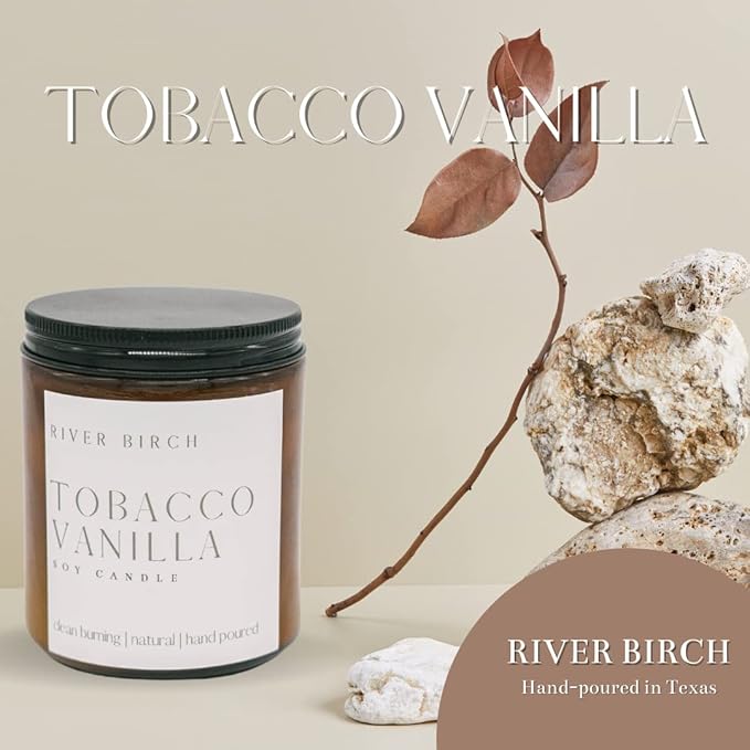 River Birch Candles Tobacco Vanilla Scented Candle | Premium, All-Natural, Non-Toxic, Soy Amber Jar Candles | 8.5oz 40 Hr Burn Time | Cozy Relaxing Gifts for Home