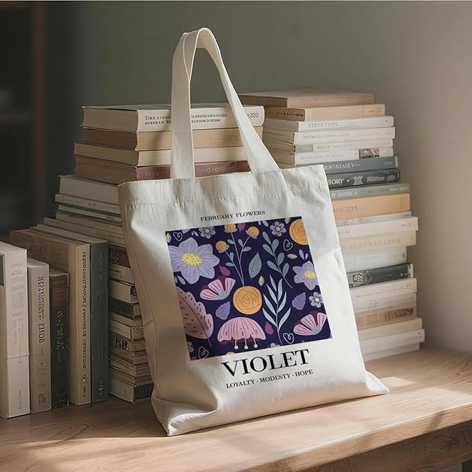 Flower Canvas Tote Bag, February Violets Reusable Shoulder Bags, Gifts to Friends and Family, Holiday Gift Bags for Wrap Storage, Casual Canvas Totes for Work Traveling
