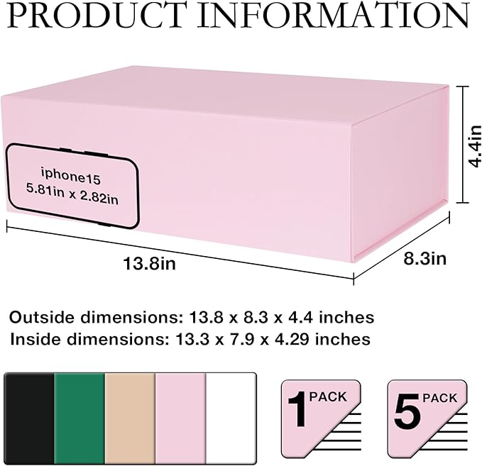 Pink Gift Box with Magnetic Lids 13.8x8.3x4.4 in, Large Bridesmaid Groomsman Proposal Boxes 5 Pack, Collapsible Rectangle Storage Box
