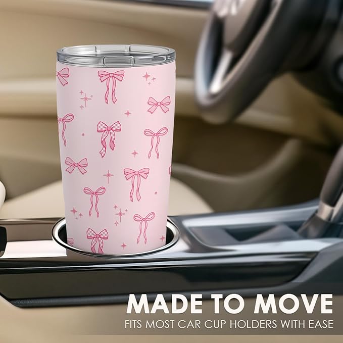 SANDJEST Bow Tumbler 20oz, Stainless Steel Travel Cup with Lid, Insulated Coffee Mug, Bow Gifts for Women Girls Friends Sisters on Birthday Christmas (Pink)