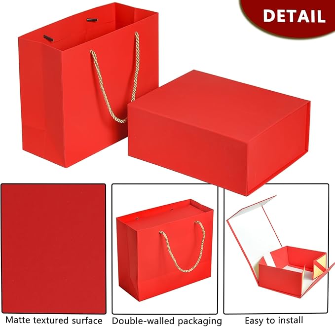 Elegant Gift Boxes with Gift Bag for Presents with Lids Magnetic Closure Rectangle Collapsible for Christmas, Valentine's Day, Birthday Gift Packging (Red)