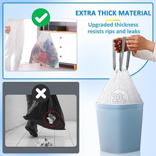 OKKEAI 2.6 Gallon Drawstring Trash Bags, White Small Bathroom Garbage Bags – 90 Count Tear-Free, Heavy Duty Printed Liners, Leak-Proof White Trash Bag for Kitchen, Office, Multipurpose Use