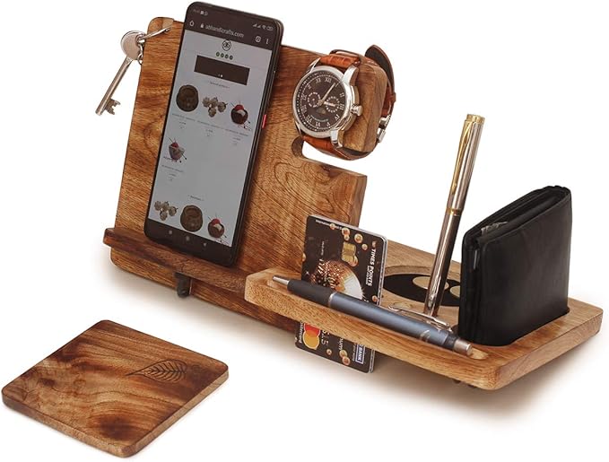 ABHANDICRAFTS Wooden Docking Station for Men - Multi-Device Charging Organizer for Phones, Watches, Keys & Wallets - Perfect Compatibility with iPhone