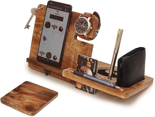 ABHANDICRAFTS Wooden Docking Station for Men - Multi-Device Charging Organizer for Phones, Watches, Keys & Wallets - Perfect Compatibility with iPhone