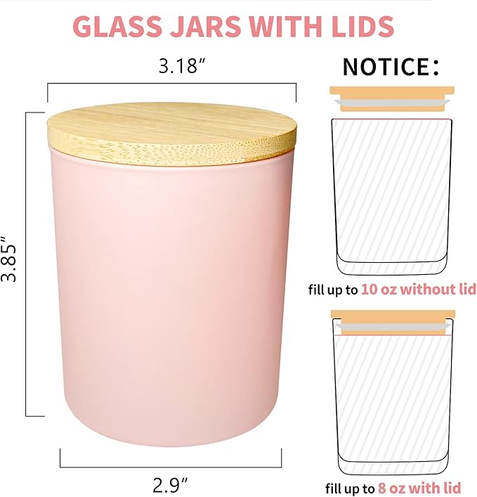 SUPMIND 12 Pack 10oz Pink Glass Candle Jars for Making Candles with Bamboo Lids Sticky Labels Warning Labels for Making Candles Empty Containers - Dishwasher Safe