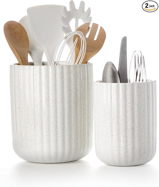 Nucookery Ceramic Utensil Holder Set for Kitchen Countertop, 7.2"+6.1" Large Cooking Utensil Crocks for Counter, Farmhouse Kitchen Decor, Set of 2 (Sand)