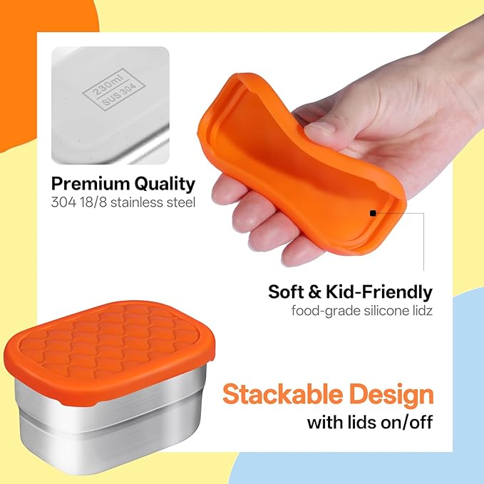 3 Pcs 8oz Stainless Steel Kids Lunch Box, Small Snack Containers with Lids, Reusable Leak Proof Lunchbox, Salad Dressing Container to Go, Mini Bento Box for Daycare School