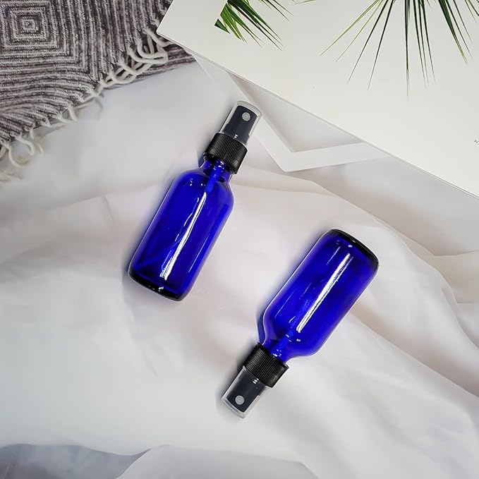 60ml Blue Glass Spray Bottles,Small Empty Fine Mist Perfume Refillable Reusable Travel Spray Bottle for Essential Oils/Hair/Aromatherapy/Cleaning/Cosmetic with Extra Spray Nozzle(2 Pack)