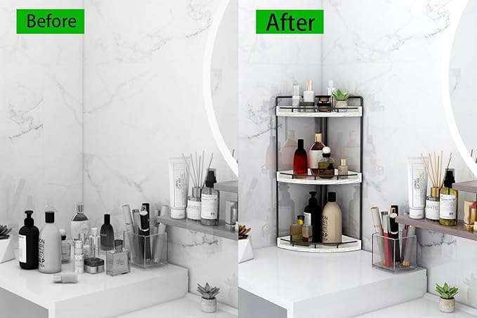 Dorhors 3-Tier Corner Bathroom Organizer Countertop for Storage,Vanity Tray,Wood Counter Organizer for Kitchen,Bathroom,Dresser (Rustic White)