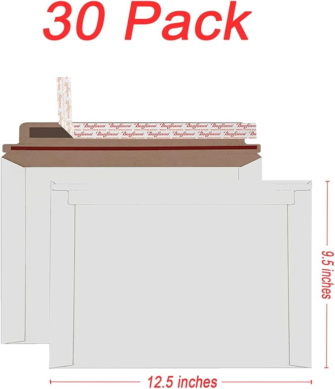 Rigid Mailers 30 Pack 9.5 x 12.5 inches White Self Seal Stay Flat Bulk Cardboard Kraft No Bend Mailers Peel and Seal for Document Photos Pictures Papers Files CD