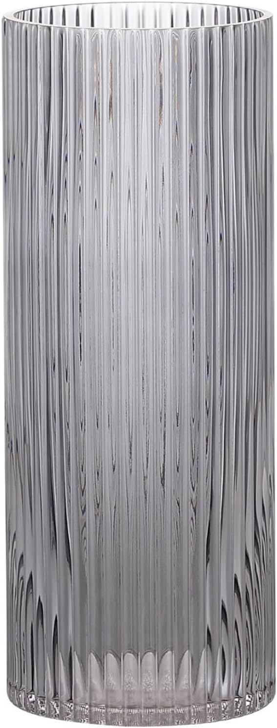 Black Glass Vase, Glass Flower Vase, Ribbed Glass Vase, Black Vase, Tall Cylinder Glass Vases for Centerpieces, Living Room, Bedroom, Dining Table, Office, Wedding, Bookshelf, 12 Inches