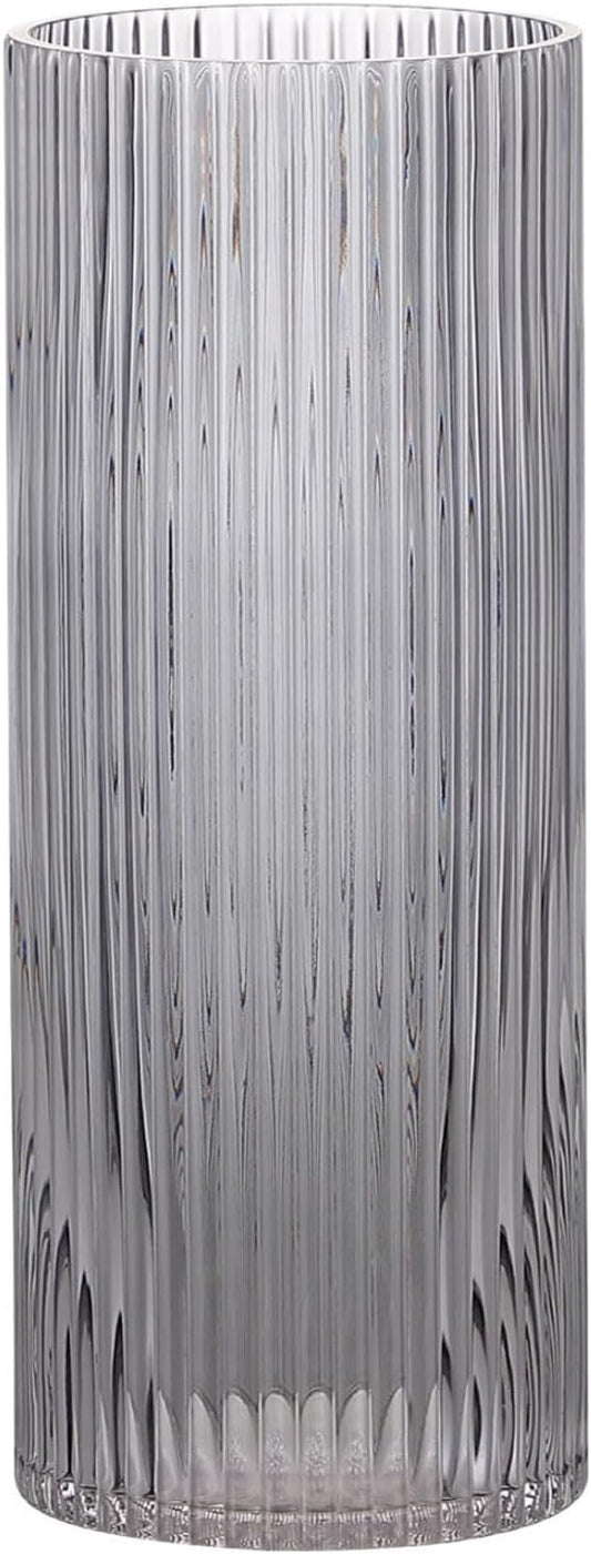 Black Glass Vase, Glass Flower Vase, Ribbed Glass Vase, Black Vase, Tall Cylinder Glass Vases for Centerpieces, Living Room, Bedroom, Dining Table, Office, Wedding, Bookshelf, 12 Inches