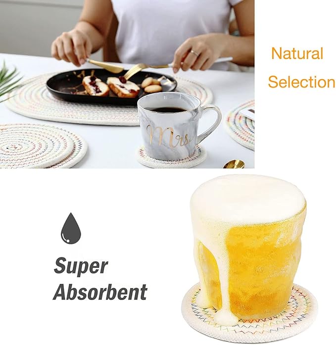 Set of 4 Oval Woven Placemats, Cotton Plate Chargers with 4 Pack Round Coasters, Thick Heat Insulation Household Table Mats Braided Bowl Mats Placemats Fabric Rustic Tablemats for Dining Table