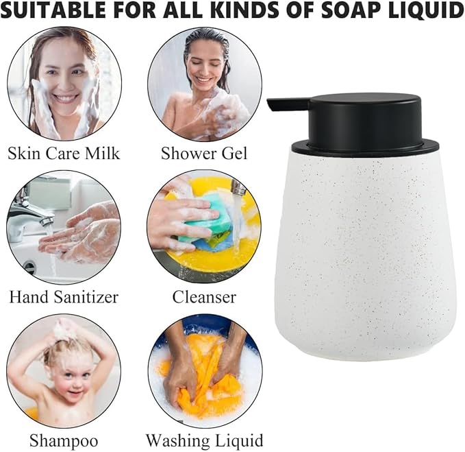 12Oz Ceramic Liquid Soap Dispenser - Modern Lotion Hand Soap Dispenser with Easy-to-Press Black Pump, Reusable and Refillable Dish Soap Dispensers for Bathroom & Kitchen, Speckled Matte White