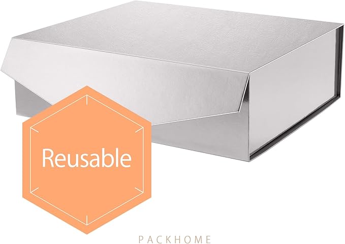 PACKHOME 17x14.5x5.5 Inches, 3 Extra Large Gift Boxes with Lids, Magnetic Closure Boxes for Clothes and Large Gifts (Glossy Silver with Grass Texture)