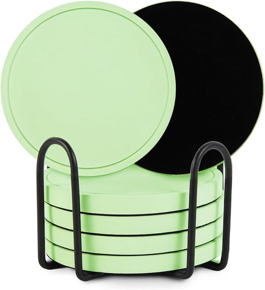 Azhou 6Pcs Drink Coaster with Holder, Green Absorbent Coasters for Drinks, Non-Slip with Velvet Bottom, Thick Heavy Duty 4 inch Ceramic Coasters, Home Decor Coffee Bar Accessories