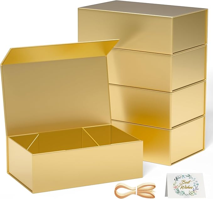 5 Pack Gold Gift Box, 12x6x4'' Gift box for Presents with Lids Magnetic Closure Rectangle Collapsible for Bridesmaid Proposal Box, Wedding, Christmas, Halloween, Birthday Gift Packging