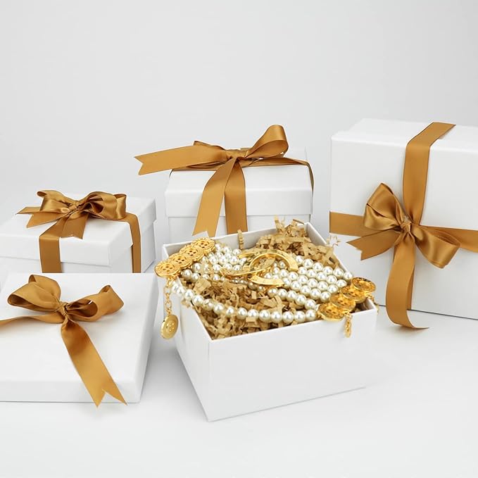 Bengnkes White Gift Box Small Gift Boxes with Lids for Presents 4 Packs Square Luxury Nesting Gift Boxes with 17ft Ribbon for Birthday Bridesmaid Wedding Christmas Proposal