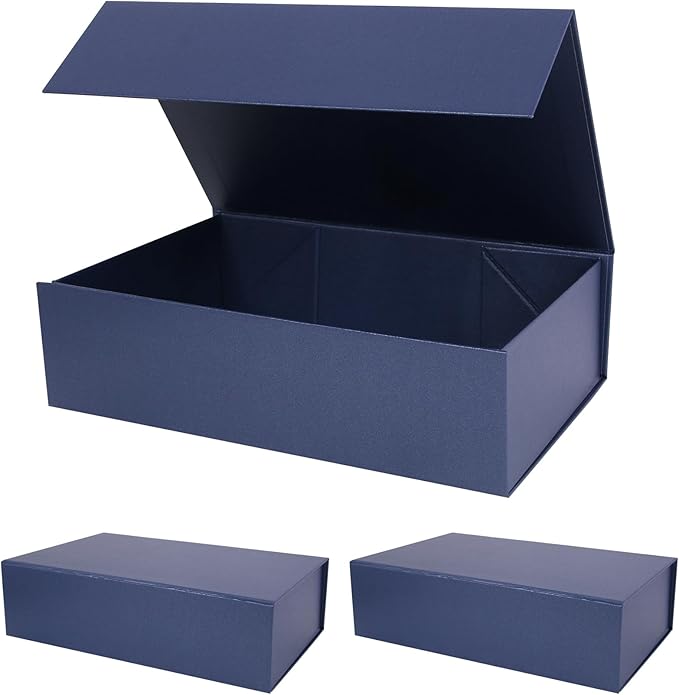 Navy Blue Small Gift Boxes with Magnetic Lids for Presents 10.5x7x3inch, Rectangle Collapsible Decorative Boxes, Bridesmaid Groomsman Proposal Box for Wedding, Christmas, Birthday Gift Packing(3PCS)