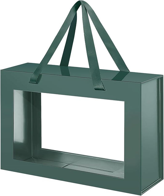 Large Green Clear Gift Box, 13.5x9x4.1 Inches Gift Box with Window by Handle, Bridesmaid Proposal Box, Collapsible Gift Box with Magnetic Closure (Glossy Green, 1 Pack)