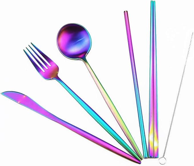 Gugrida Luxury Rainbow Matte Portable 18/10 Stainless Steel Travel Flatware Sets of 7 Portable Camping Cutlery Set, Healthy & Eco-Friendly Flatware Set with Carrying Case for Travel or Camping
