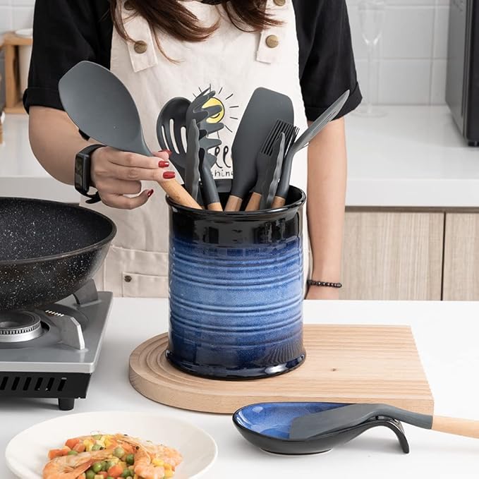 Nihow Kitchen Utensil Holder: 7.2 Inch Extra Large Ceramic Utensil Holder for Countertop - Stable Utensil Crock for Kitchen Counter Decor - Elegant Blue & Black (1PC)