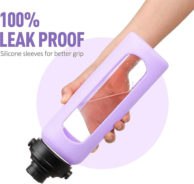 24oz Glass Water Bottle with Straw and 2 Lids-Bamboo and Spout Lid, Borosilicate Glass Water Bottle with Silicone Sleeve and Time Marker,BPA Free & Cupholder Friendly,Purple