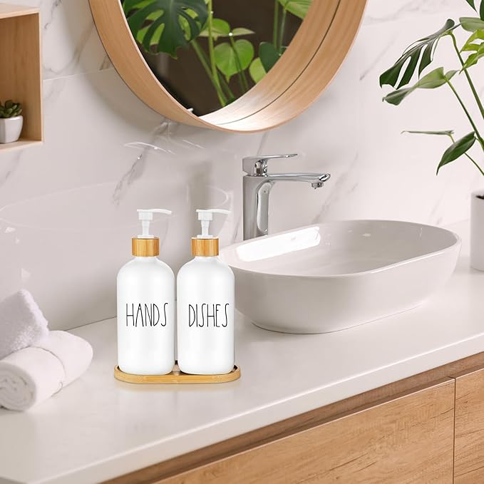 Arktek Glass Soap Dispenser Set with Tray, 2 Pack Hand and Dish Soap Dispenser Set for Bathroom and Kitchen Bottle Dispenser with Dish Soap, Hand Soap, Lotion 17 Oz (2 White)