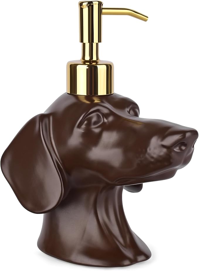 Dachshund Dog Shaped Soap/Lotion/Hand Sanitizer Weiner Ceramic Stainless Steel Pump Dispenser Gift for Dog Lover, Refillable for Kitchen and Bathroom(Brown)