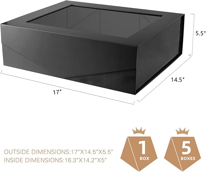 PACKQUEEN Extra Large Black Gift Box with Window, 16.3x14.2x5 Inches Clear Gift Box for Present Contains Ribbon, Card, Groomsman Proposal Box with Magnetic Lid (Glossy Black)