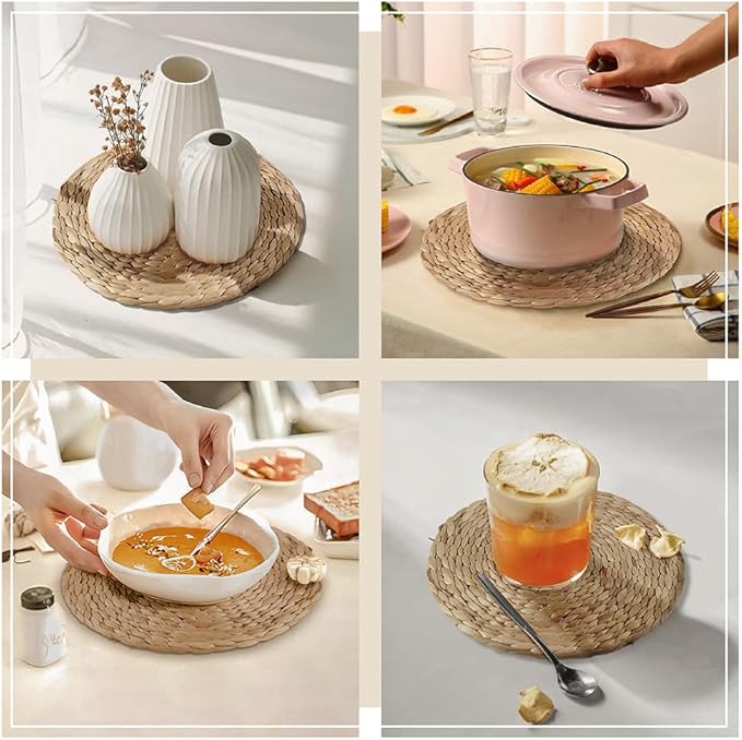 Natural Round Placemats Set of 8, Woven Placemats 13.7", Herringbone Pattern, Table Mats Braided Heat Proof, Farmhouse Boho Table Place Mat Ourdoor Wicker Chargers for Dinner Plates