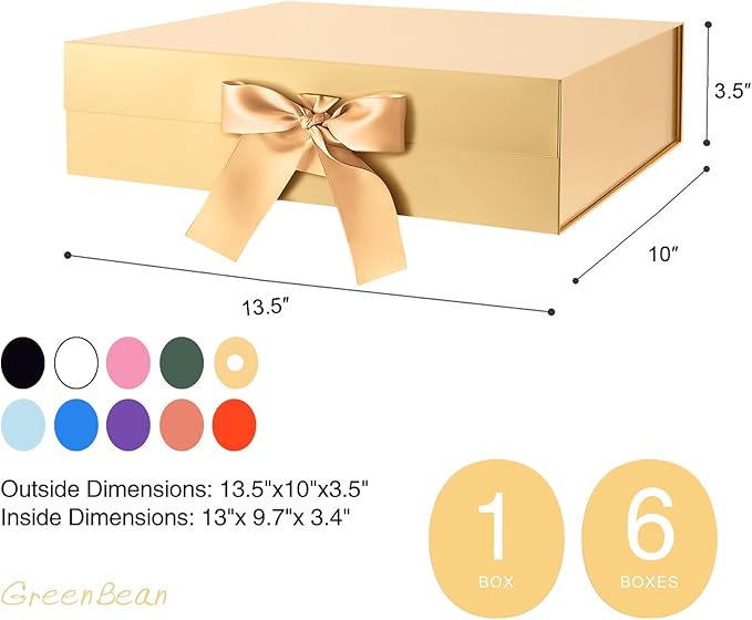 GREEN BEAN 6 Large Gift Boxes with Lids for Presents 13x9.7x3.4 Inches, Gold Magnetic Luxury Gift Boxes with Ribbon, Bridesmaid Proposal Gifts Boxes (Glossy Gold)