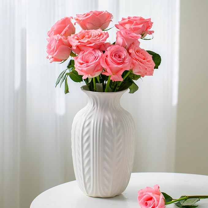 Matte White Ceramic Flower Vase, 10 Inch Unique Wheat Ear Textured Modern Large Vases for Trendy Home Decor Living Room Entryway Shelf Office Rustic Table Centerpiece (Matte White)