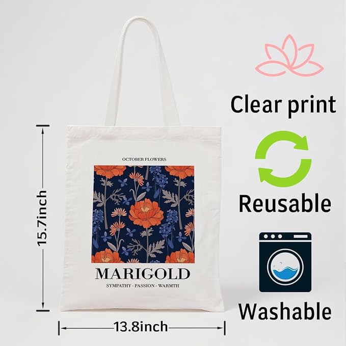 Flower Canvas Tote Bag, October Marigold Reusable Shoulder Bags, Christmas Gifts to Sister and Friends, Holiday Gift Bags for Wrap Storage, Casual Canvas Totes for Work Traveling