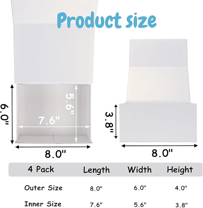 Schliersee 4Packs 8x6x4 White Gift Box with Magnetic Lids for Present, Magnetic Closure Gift Wrap Box for Wedding, Birthday