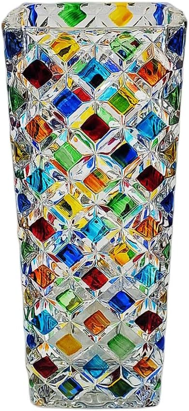 Colorful Checkered Glass Vase, Bright Multi Colored Crystal Diamond Vase Hand Painted