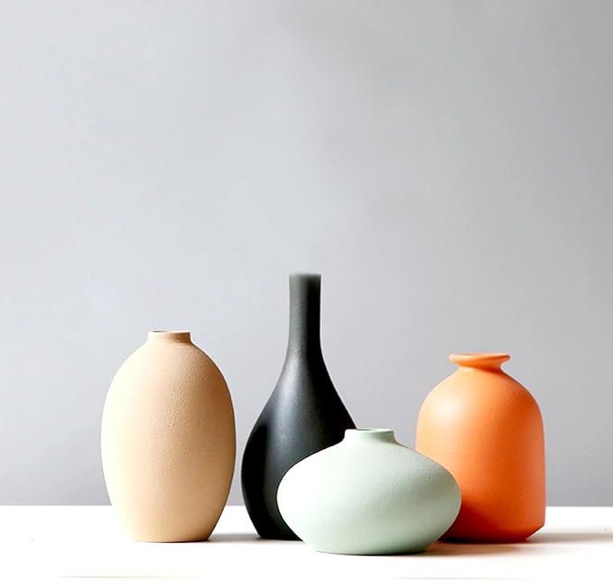 Set of 4 Small Matte Ceramic Vases - Modern & Bohemian Decor for Home, Office, Shelve, Living Room Table, Mantel, Bedroom, Entryway, Rustic Farmhouse Decorative Vases & More（Hademade