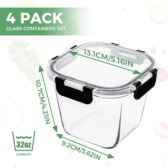 32 oz Glass Soup Containers with Lids, 4 Cup Glass Food Storage Containers with lids, Meal Prep Containers with Lids, Microwave, Oven, Freezer and Dishwasher, BPA Free