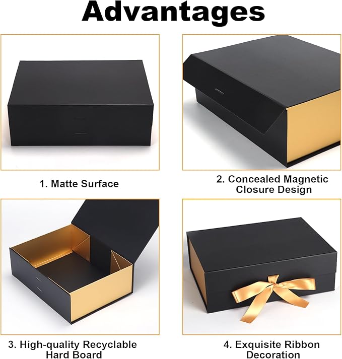4 Pack 12x9x4 Inches Gift Boxes with Magnetic Closure Lids, Black-Gold Magnetic Box with Ribbon for Wedding, Groomsmen Bridesmaid Proposal, Birthdays, Mother's Day