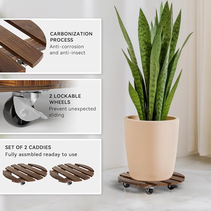 2 Pack Plant Stand Indoor and Outdoor, 12IN Premium Wooden Plant Caddy with Wheels, Heavy Duty Plant Stands with 360° Lockable Wheels, Classic Plant Cart
