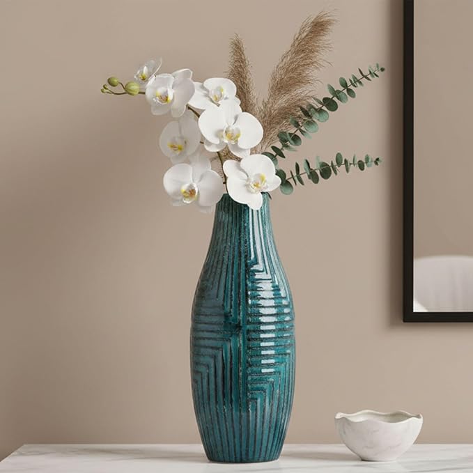 hjn Teal Ceramic Vase for Home Decor, Modern Decor Vases for Living Room/Bookshelf/Mantel/Accents - Teal texture-Medium-13.8" H
