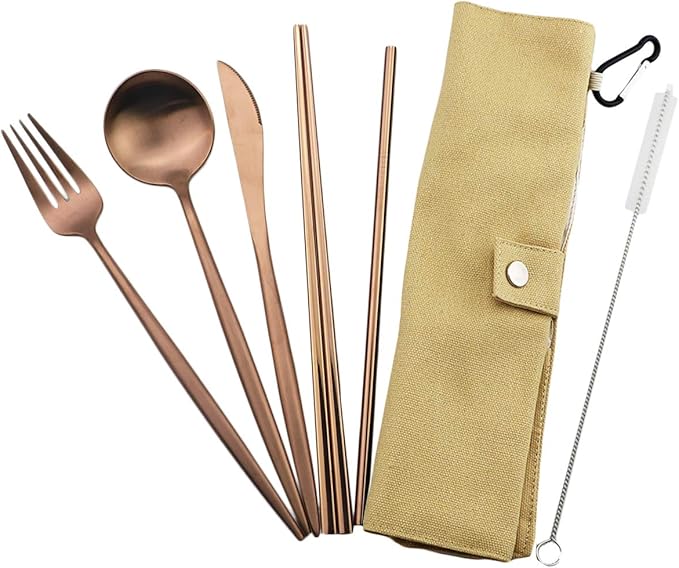 Gugrida Luxury Rose Gold Matte Portable 18/10 Stainless Steel Travel Flatware Sets of 7 Portable Camping Cutlery Set, Healthy & Eco-Friendly Flatware Set with Carrying Case for Travel or Camping