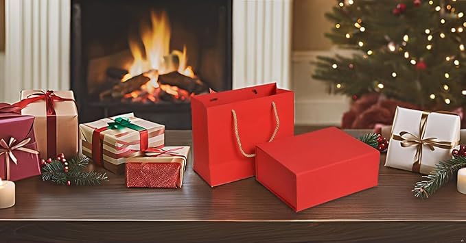 Elegant Gift Boxes with Gift Bag for Presents with Lids Magnetic Closure Rectangle Collapsible for Christmas, Valentine's Day, Birthday Gift Packging (Red)
